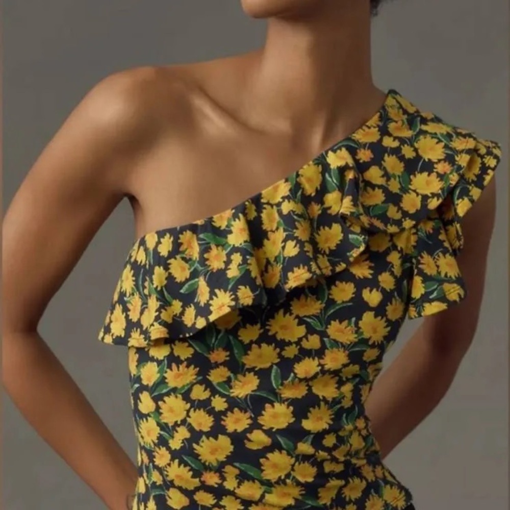 Anthropologie Maeve One Shoulder Ruffled Top Floral